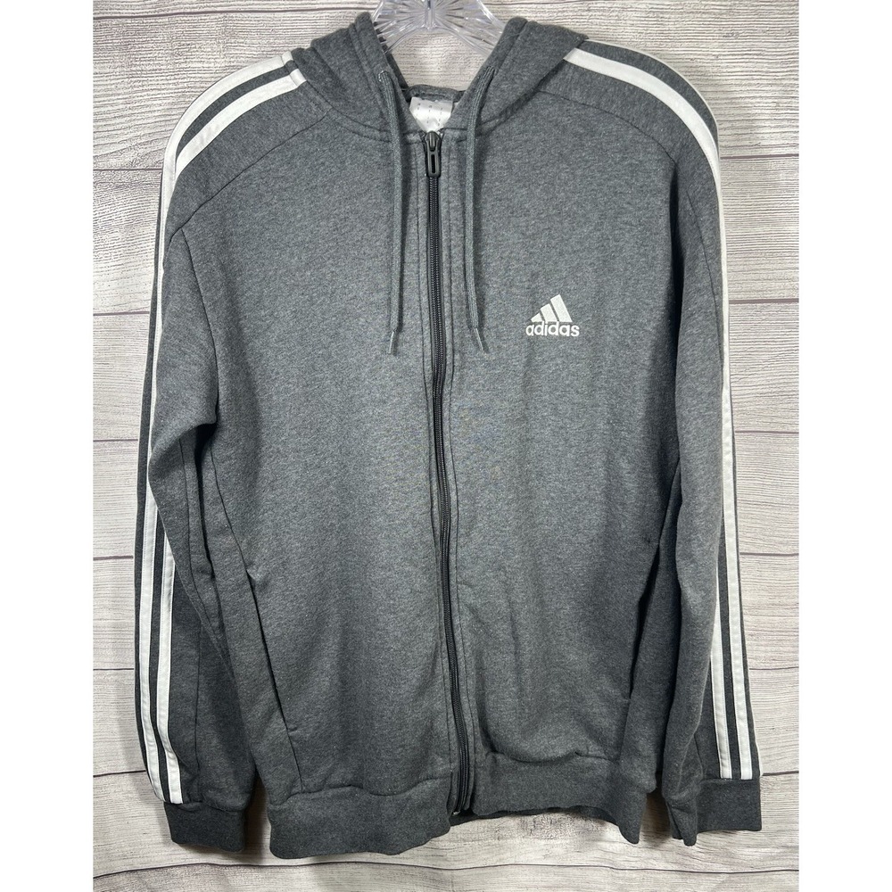 Adidas Hoodie Mens Small Gray White 3 Stripes Full Zip Drawstring Pockets